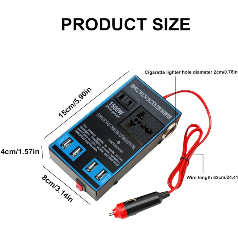 

12V 24V To 220V 1500W Car Power Inverter Fast Charging Converter With 4 USB Sockets