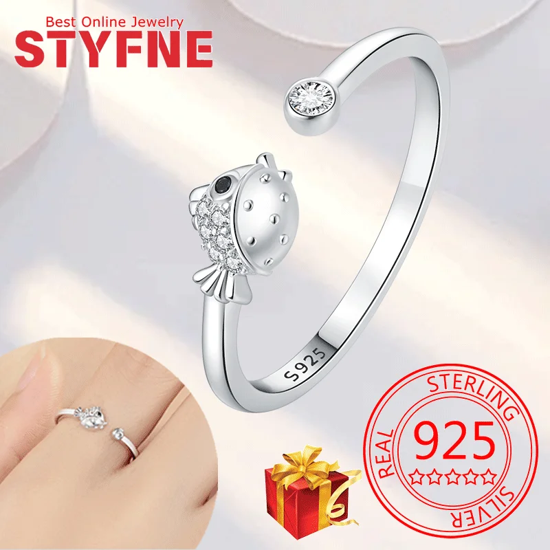 

Real 925 Sterling Silver Cute Pufferfish CZ Finger Rings Adjustable Ring For Women Wedding Jewelry Gifts with GIFT BOX ﻿