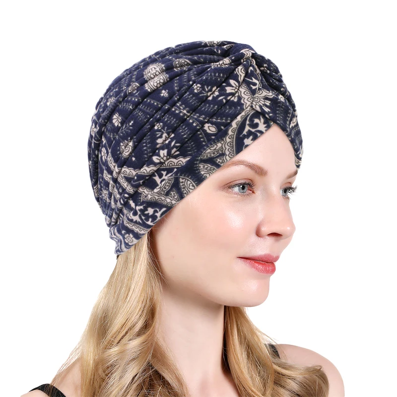 Knotted Ruffle Turban Ladies Soft Cotton Headscarf Casual Printed Female Muslim Hijab Indian Hats Cancer Chemo Cap Turbante