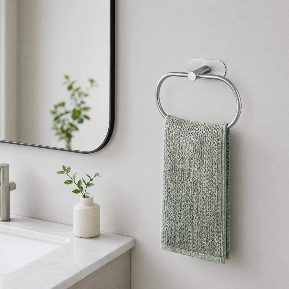 Modern Wall Mounted Towel Ring Holder Stainless Steel No Drilling Towel Rack Silver Self Adhesive Hand Towel Holder Bathroom