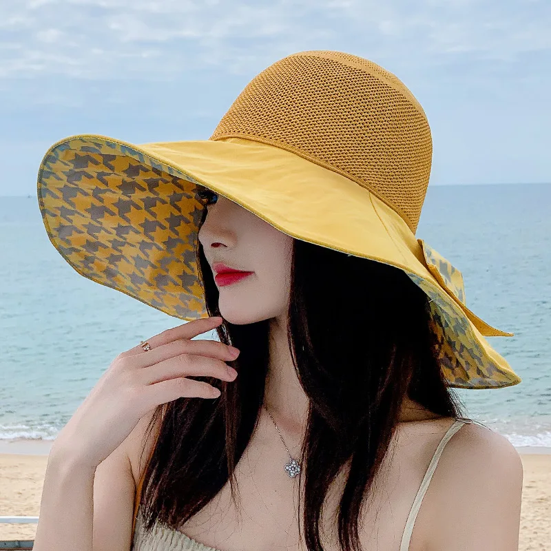 Hat Female Summer Sun-Proof Bucket Hat Houndstooth Big Brim Face Small UV Protection Sun Hat Tide