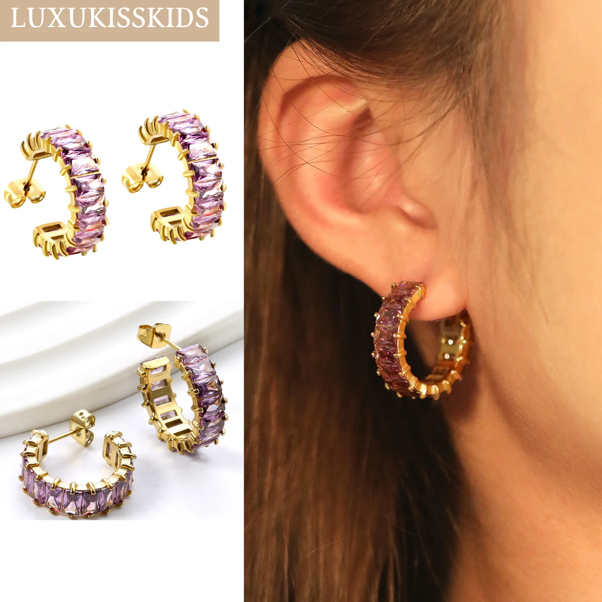 LUXUKISSKIDS Trendy C Tennis Hoop Earrings Shiny Colourful Zirconia Luxury Stainless aretes Women Summer Clips French Jewelry image 4