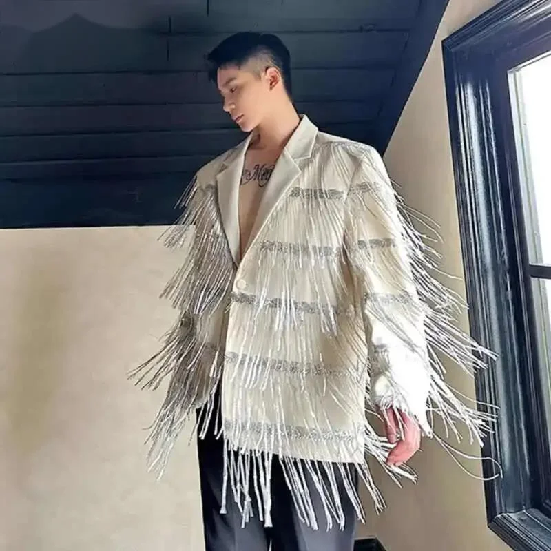 Autumn Winter Personalized Tassel Sequin Double-layer Mesh Design Lapel Casual Suit Trendy Solid Color Male Blazer ZD35