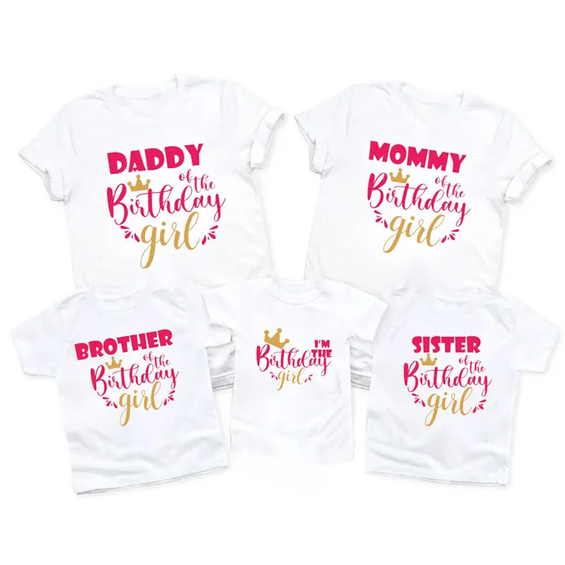 T-shirt assressentiimprimé couronne pour fille, chemises de famille, vêtements de fête mignons, anniversaire