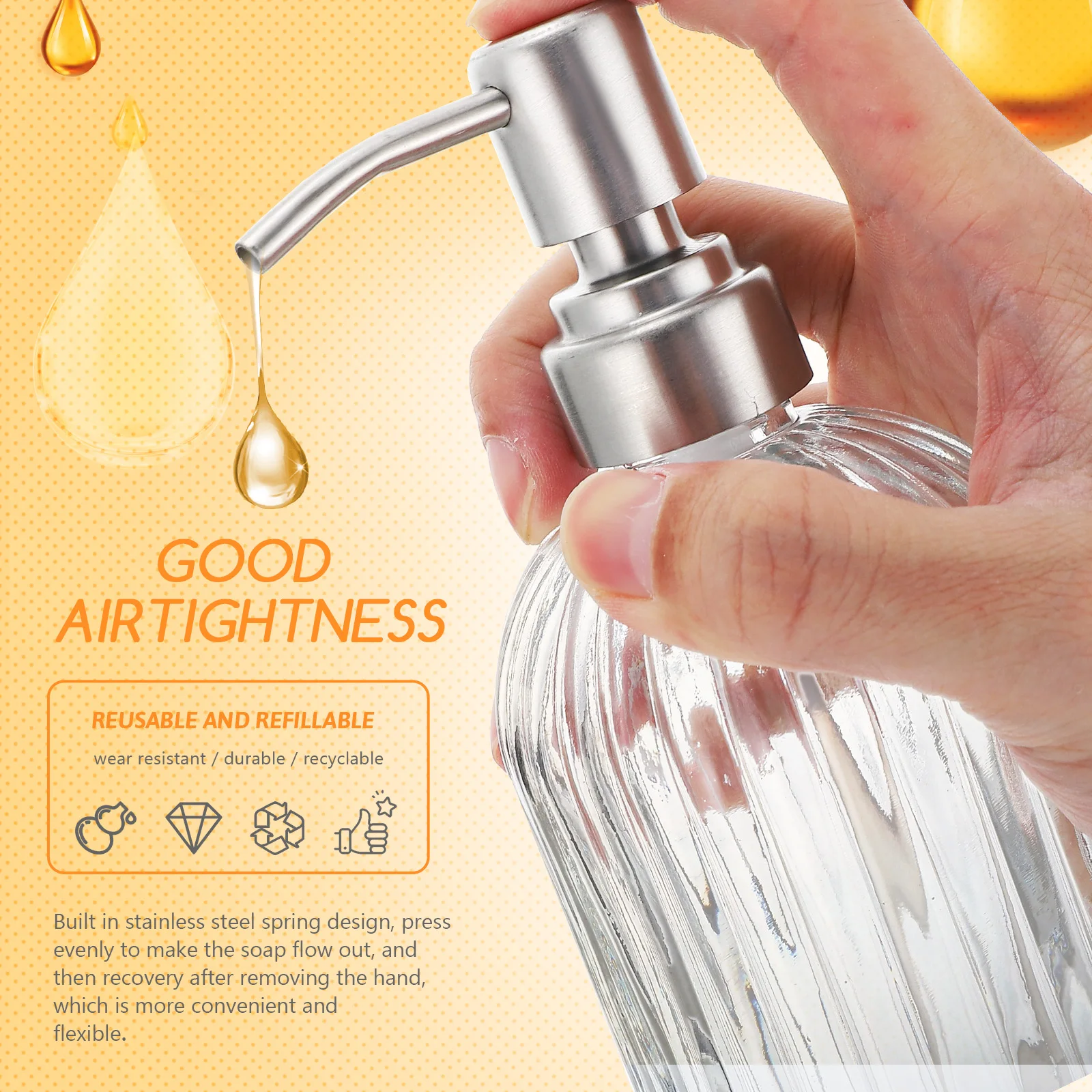 

Clear Soap Dispenser Glass Bottle Stainless Steel Pump Refillable Household Lotion Pump Bottle Bathroom Kitchen Storage