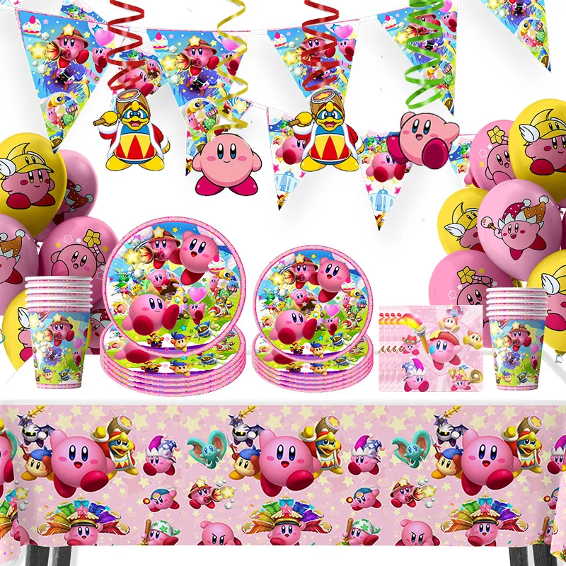 Kirby-Star Pink Birthday Party Disposable Cartoon Tablecloth Napkin Tableware Balloon Set Supplie Boy and Girl Baby Shower Decor