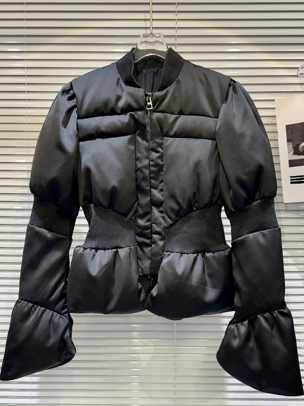 

Elegant Dark Splice Women's Cotton Jacket Slimming Waist Design Warm Outerwear Long Sleeve Zipper Closure Stand Collar Coat