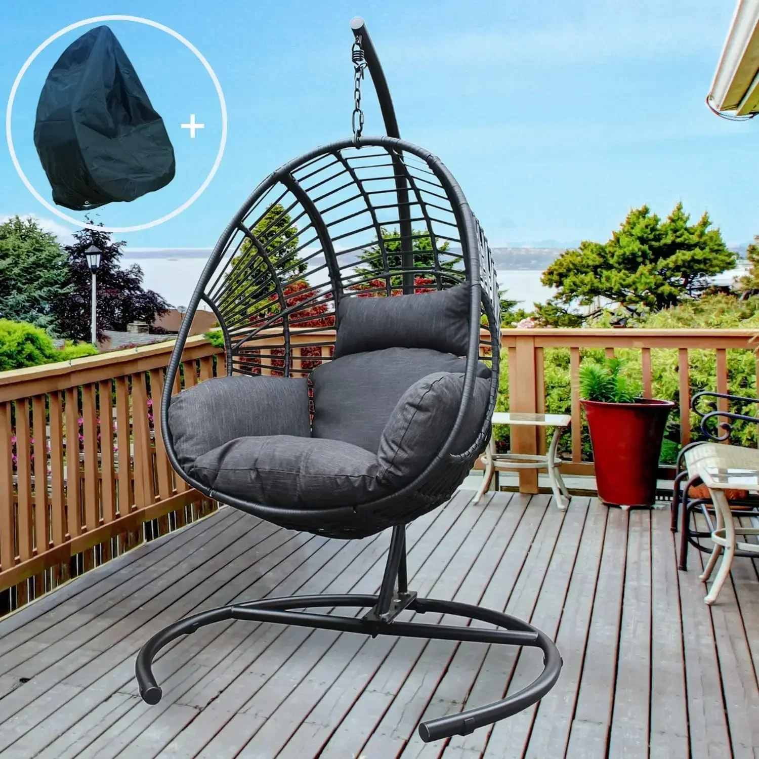 Hanging Egg Chair with Stand, Outdoor Wicker Rattan Egg Swing Chair with Stand and Cushion for Indoor Outdoor Bedroom Patio