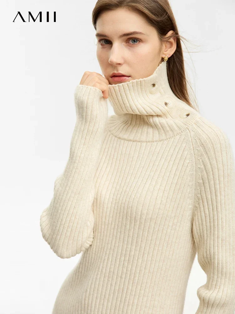 

AMII Minimalist Sweaters For Woman 2023 Wnter New Medium Long Slim-fit Turtleneck Raglan Sleeve Basics Solid Pullovers 12344193