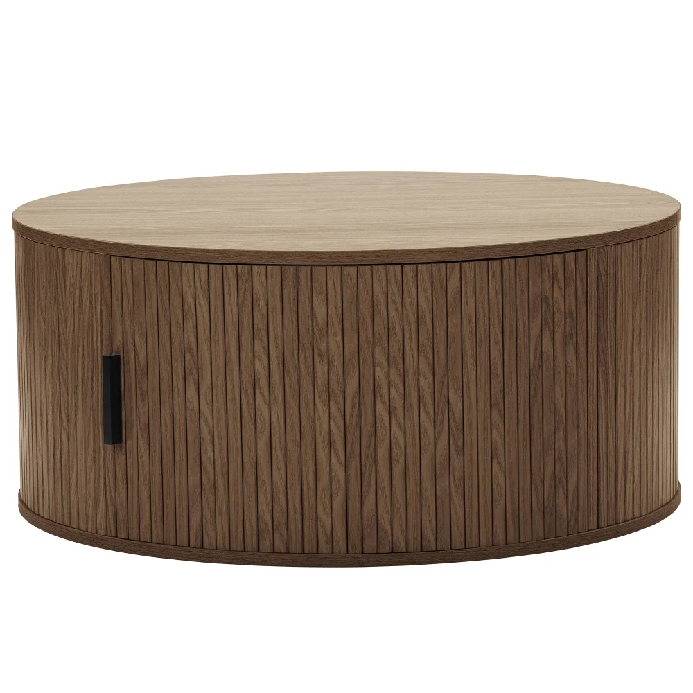 

A Factory Direct Smooth Round Sliding Fluted Tambour Door Coffee Table in Walnut with Large Storage Space