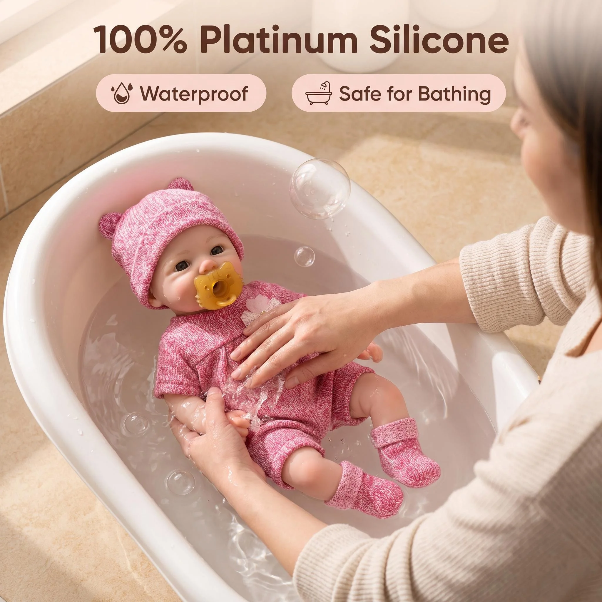NPK 12 Zoll Vivienne, Gewicht 1100 g, Mund öffnet sich, superweiche, feste Silikonpuppe, wird mit Stoff, Squishy und Elastik geliefert – Detail 6