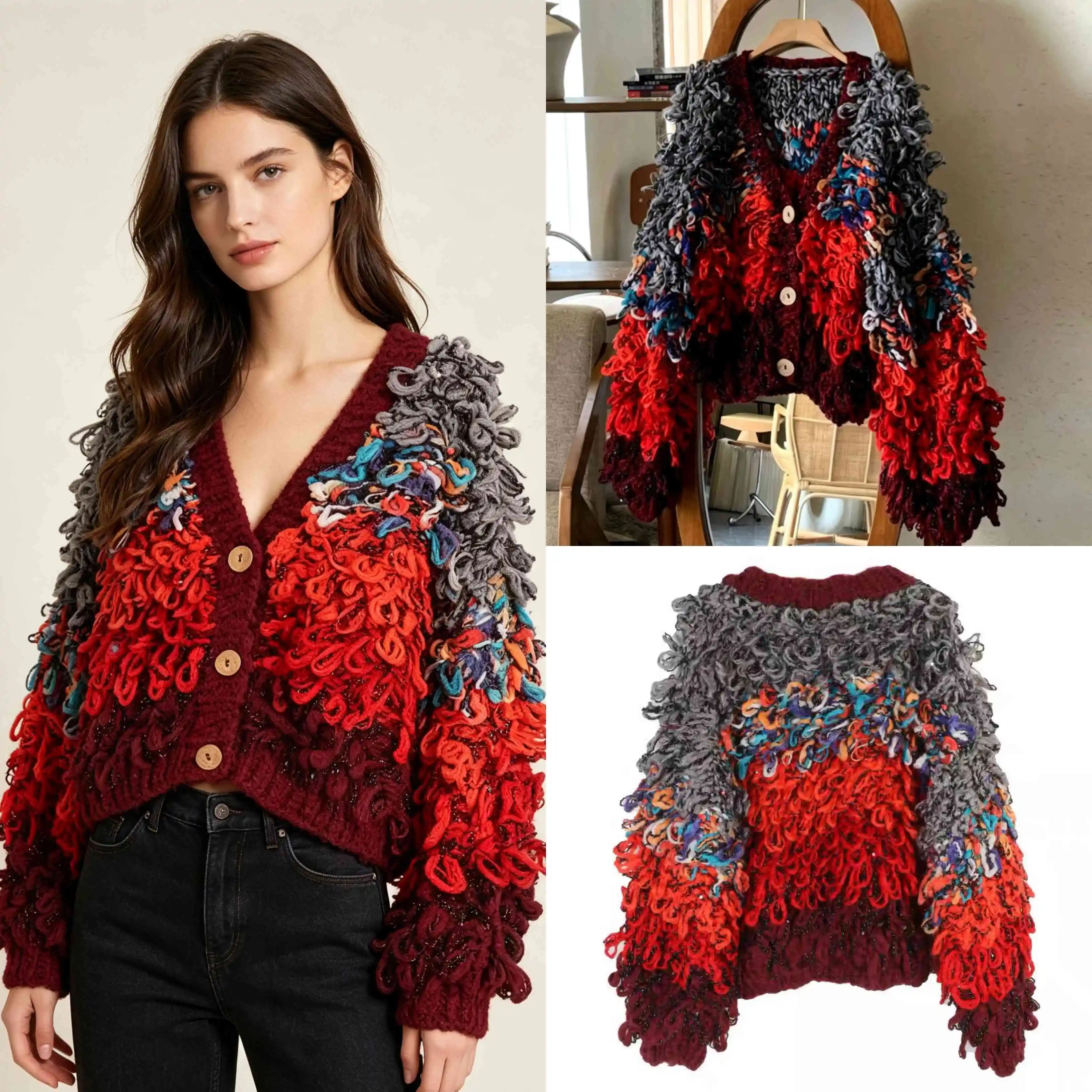 French retro handmade woven colorful tassel knit cardigan with gradient loose display sweater jacket