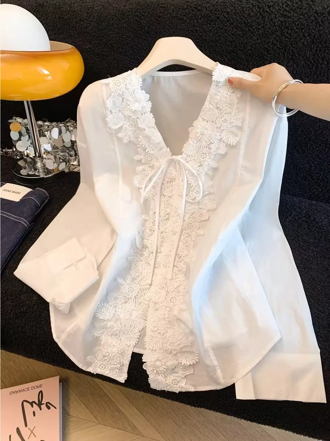 

Spring Summer Women's Lace V-neck Belted Long Sleeve Shirt Korean Style Loose Fit Breathable Polyester Casual Top