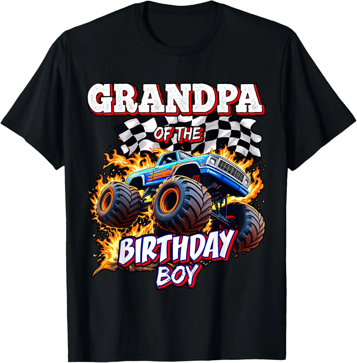 Grandpa Of The Boy Monster Truck Birthday Party T-Shirt 100% Cotton Trendy Y2K Short-Sleeve Tee-Soft, Quick-Drying,