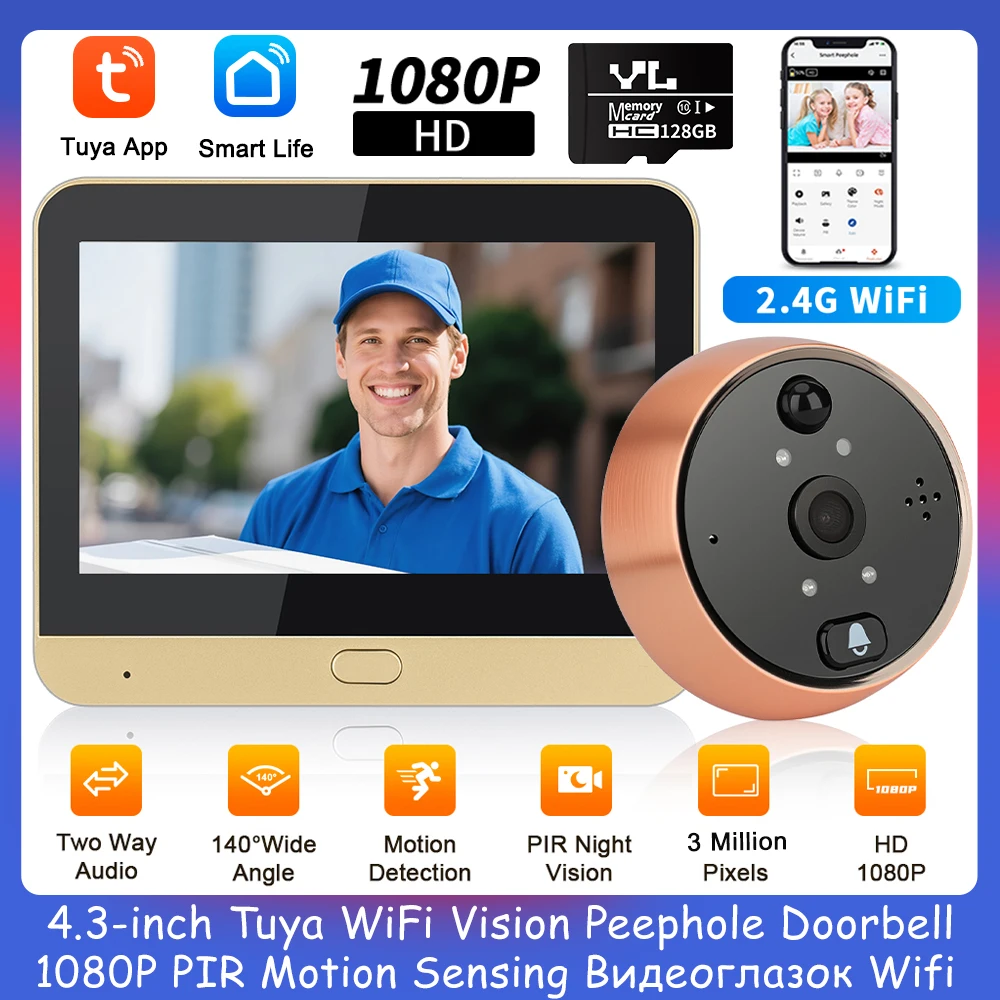 

4.3 Inches Smart Life Tuya Wifi Doorbell Peephole Camera 1080P PIR Night Vision Motion Detection Digital Door Camera 140° Angle