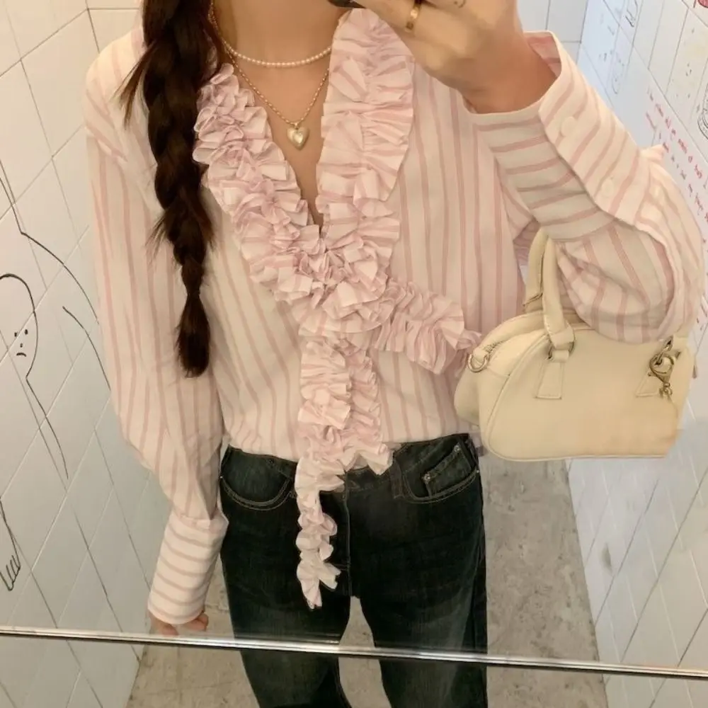 

Elegant Sweet Pink Stripe Blouse Ruffle Loose Deep V Flouce Shirt Curved Hem Tassel Women Shirt Top Summer
