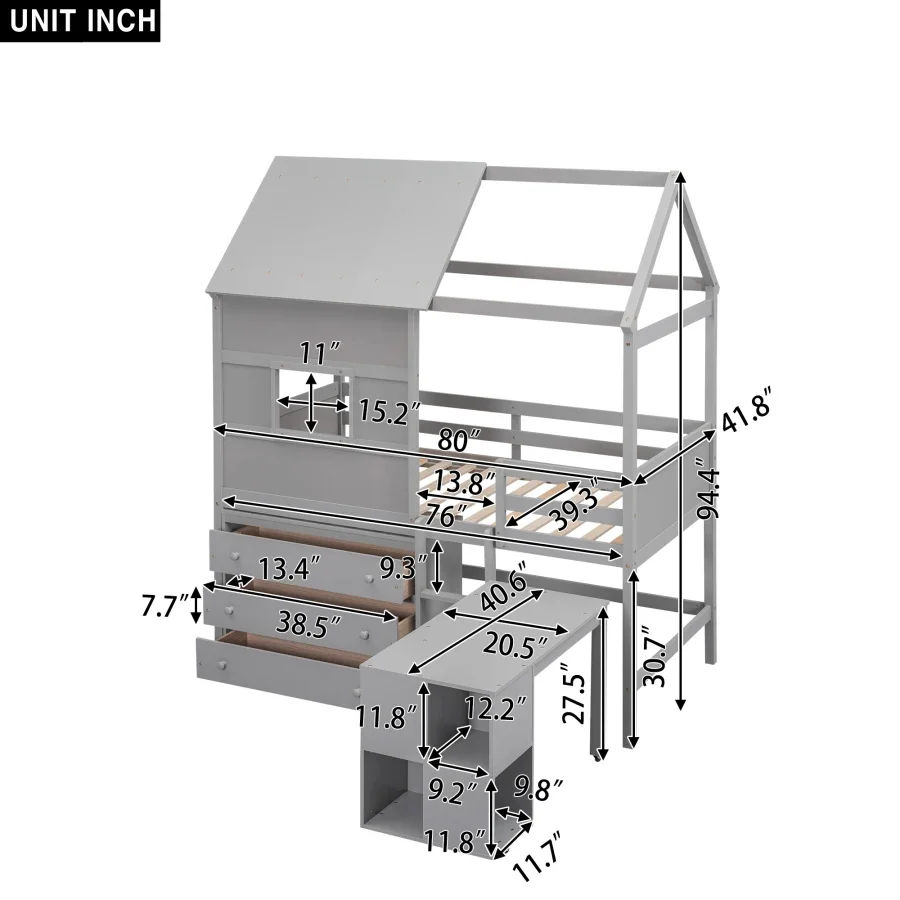 Twin Size House Loft Bed,Twin bed with Sturdy Wood Frame,Pullable Desk with Storage and 3 Drawer Chest,Safety Storage Kids Bed