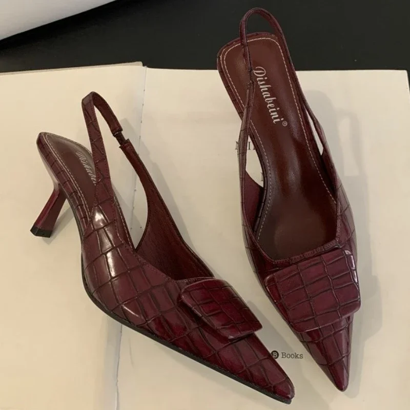 

Sexy Pointed Toe High Heeled Sandals Women Square Button Design Party Dress Shoe Female Elegant Slingback Thin High Heels Ladies