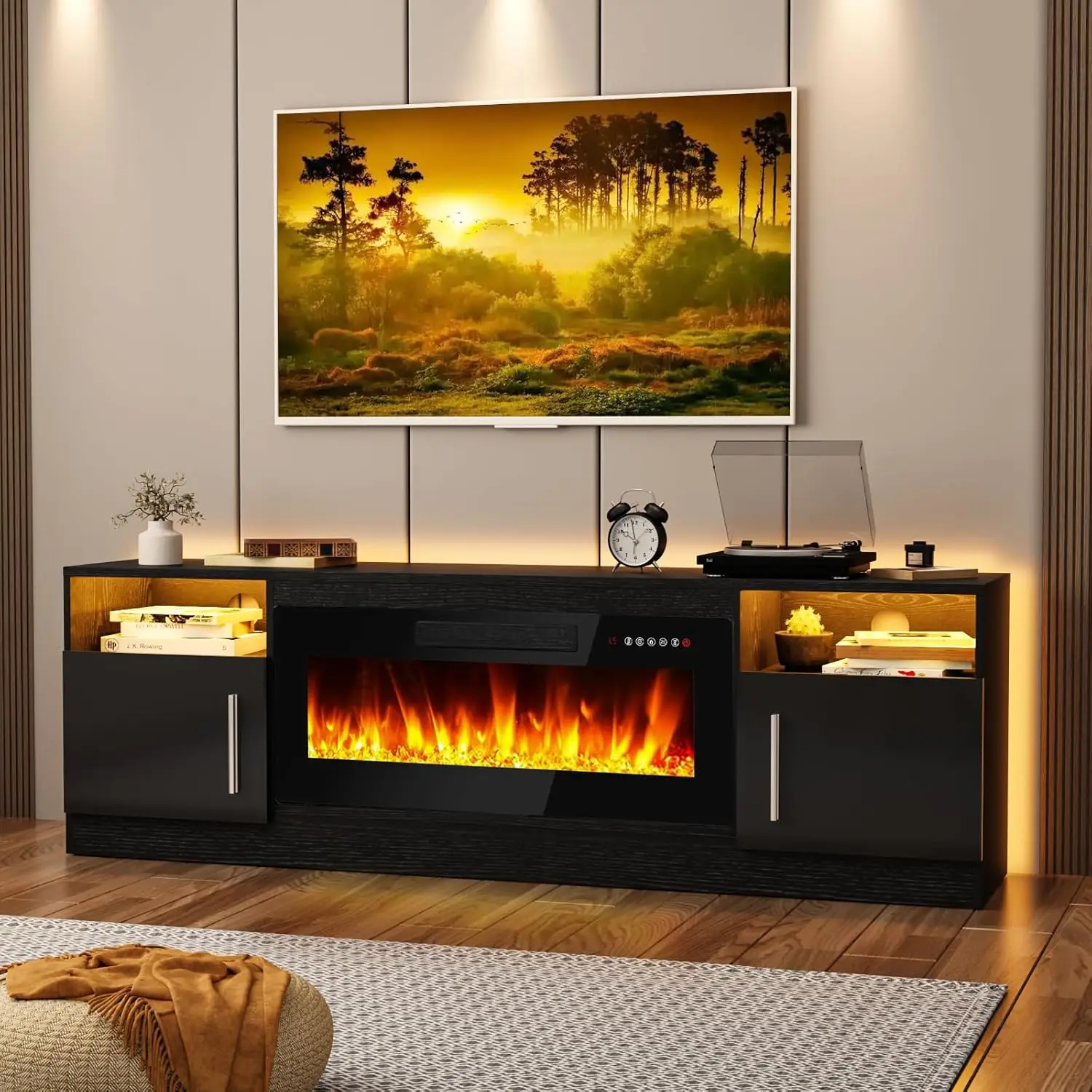 Centre de divertissement pour meuble TV avec cheminée 36 ", support TV en bois 70" pour téléviseurs jusqu'à 80 ", console TV multimédia avec rangement haute brillance