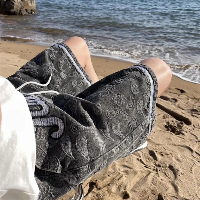 Summer Denim Embroidered Shorts Men American Style Trendy Brand Art Design Pants Soft Loose Breathable Straight Beach Cotton 023