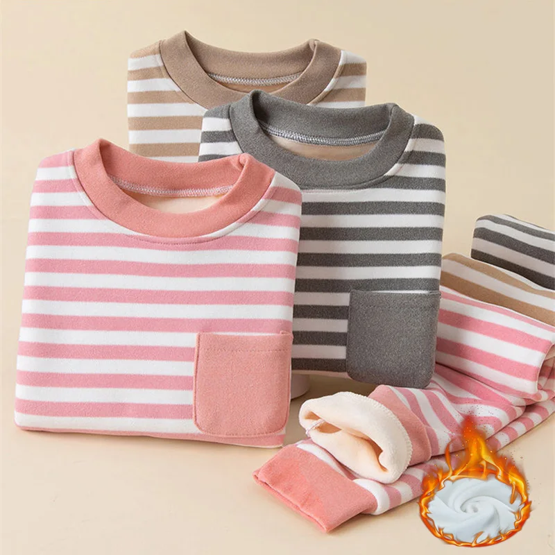 

Комплекты детского нижнего белья, полосатый флисовый костюм для мальчиков и девочек, детские зимние утолщенные термопижамы + штаны, 2 предмета, мягкая одежда для малышей