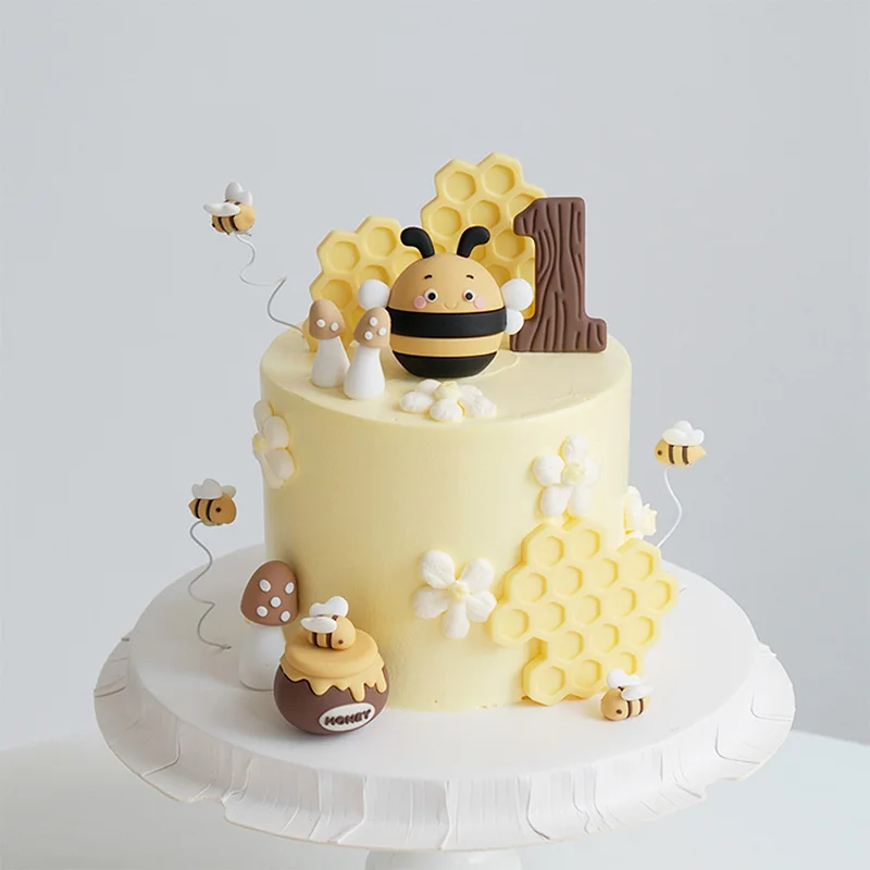Cartoon Bee Animal Cake Toppers Honeycomb Felt Happy Birthday Sign Topper for Cake Decorating Gift view 5