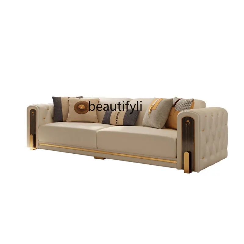 

zqItalian Pull Buckle Leather Sofa Combination Four-Seat American Villa Living Room Sofa