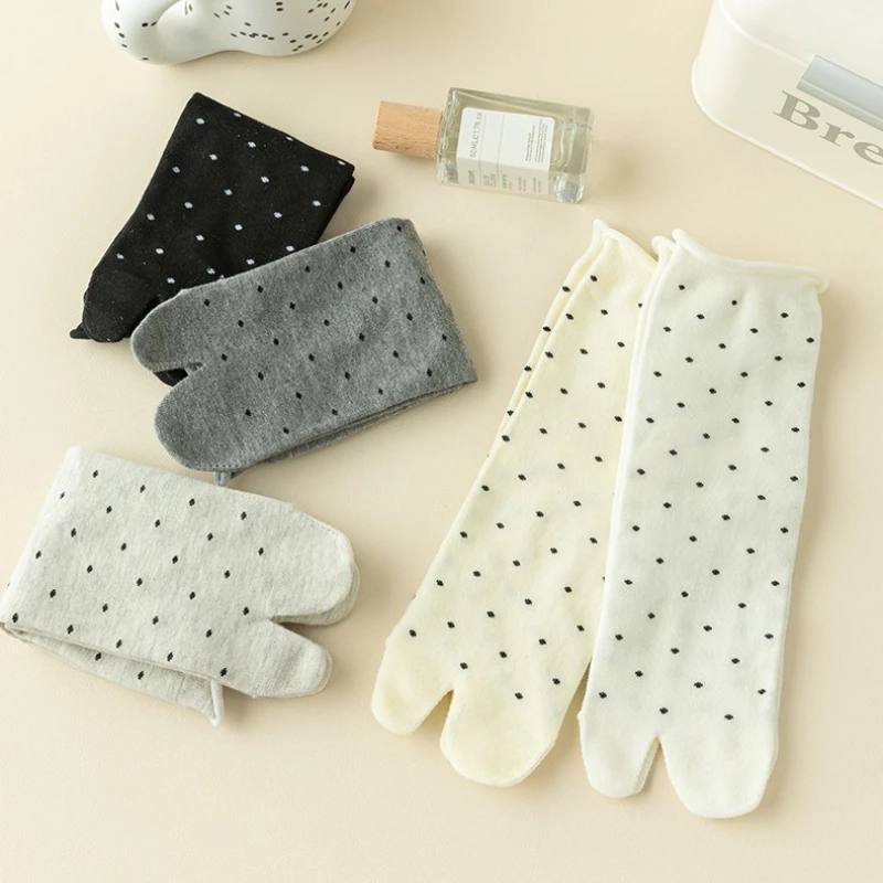 5 пар женских носков с двумя носками, летние тонкие милые носки средней длины с раздельным носком, женские модные носки в горошек с закрученными краями