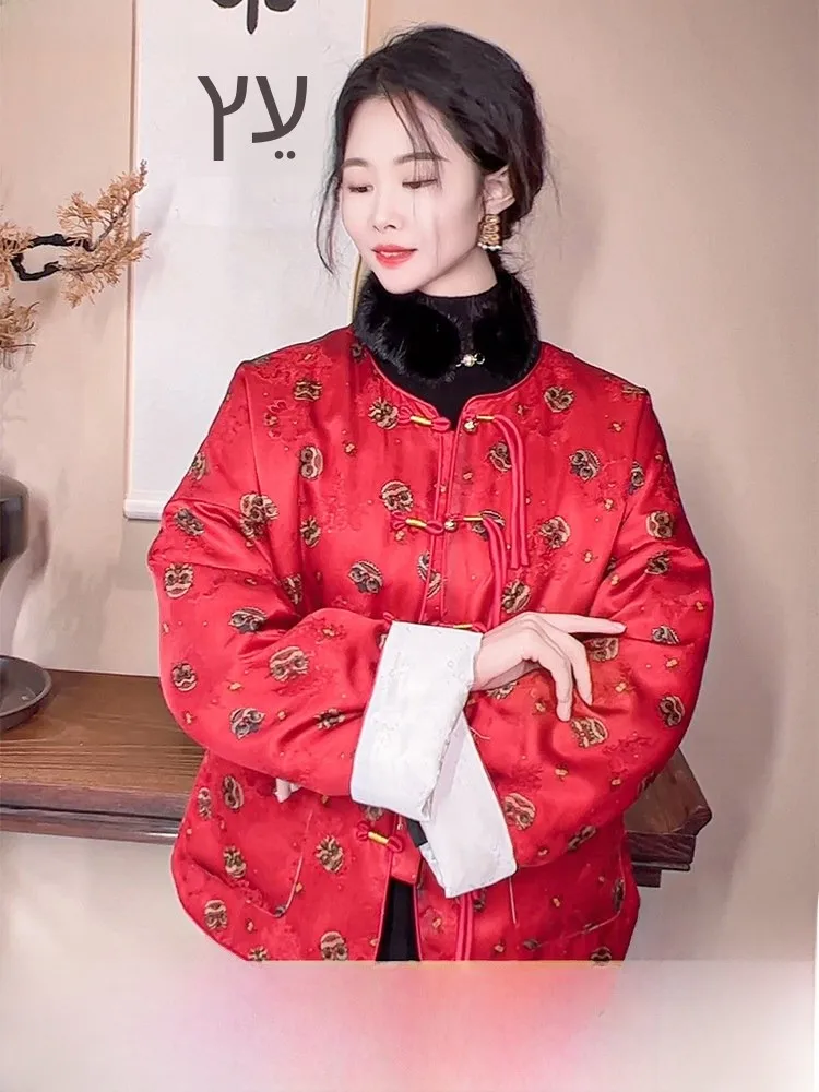 

Red Silk Flower Luo Xiangyun Wake Lion Goose down Jaet Women's Winter Traditional Chinese Sle Outerwear Thiened Long Sl...