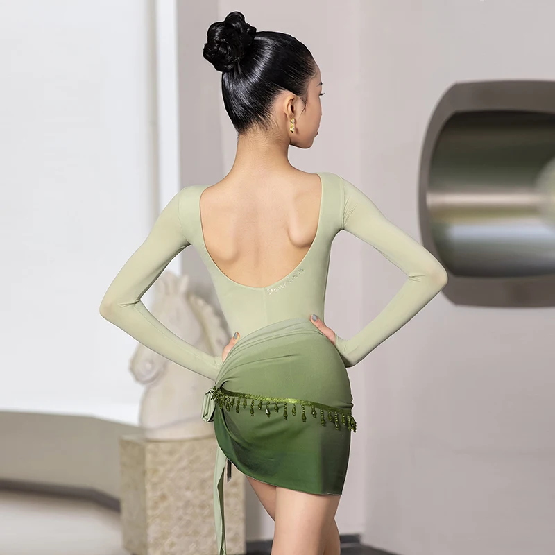 Vestido latino 2025 nueva ropa de actuación para niñas traje de baile verde de manga larga chico Rumba Tango traje de escenario ropa de práctica VBH2028