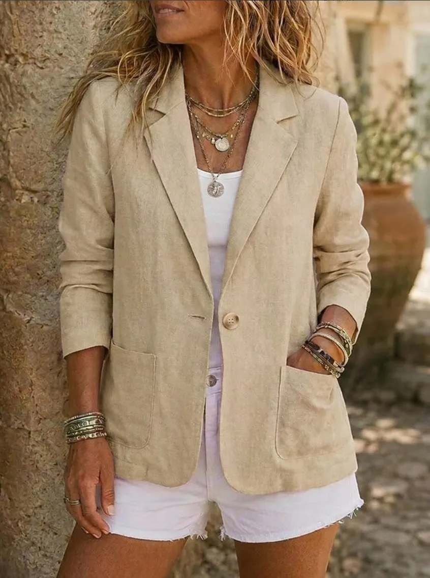 Women Relaxed Fit Linen Blazer Long Sleeve Notch Collar One Button Casual Suit Coat