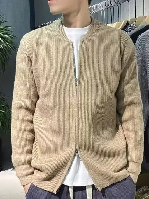 

Вязаный кардиган в американском стиле ретро, мужской осенний корейский свитер, приталенный крой на молнии, базовая однотонная модная верхняя одежда