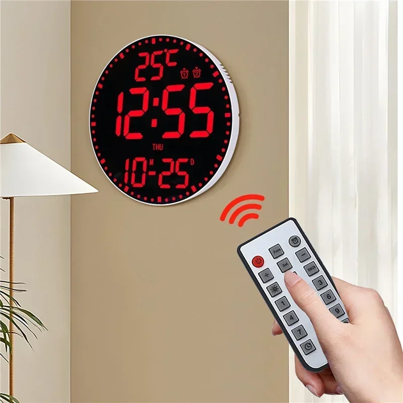 

RGB Perpetual Calendar Digital Round Wall Clock with Remote Control Temperature Date Time Week Hanging Electronic Alarm Clock