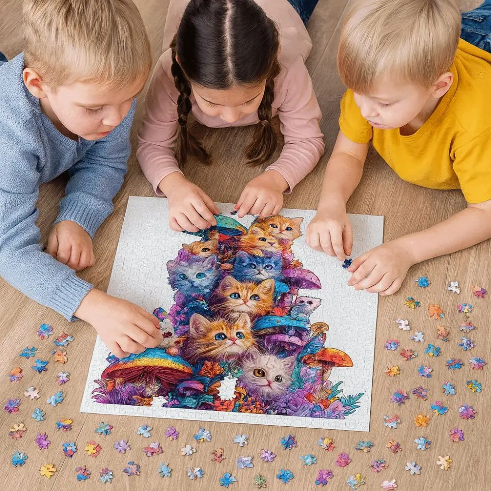 Tiermuster-Katzenpuzzle, niedlicher Pilz, Gehirnbrennung, Holzpuzzle für Erwachsene, unregelmäßige Form, herausforderndes Katzen-Holzpuzzle