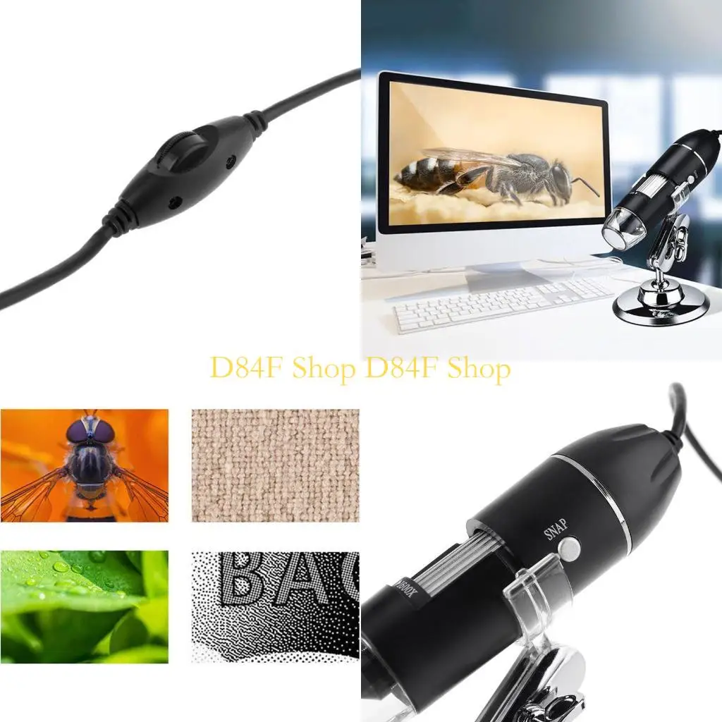 D84F Multifunctional 1600X 3-in-1 Digital Microscope 2 Adapters 8 LED Light for Type-C Micro-USB Phone for Windows PC