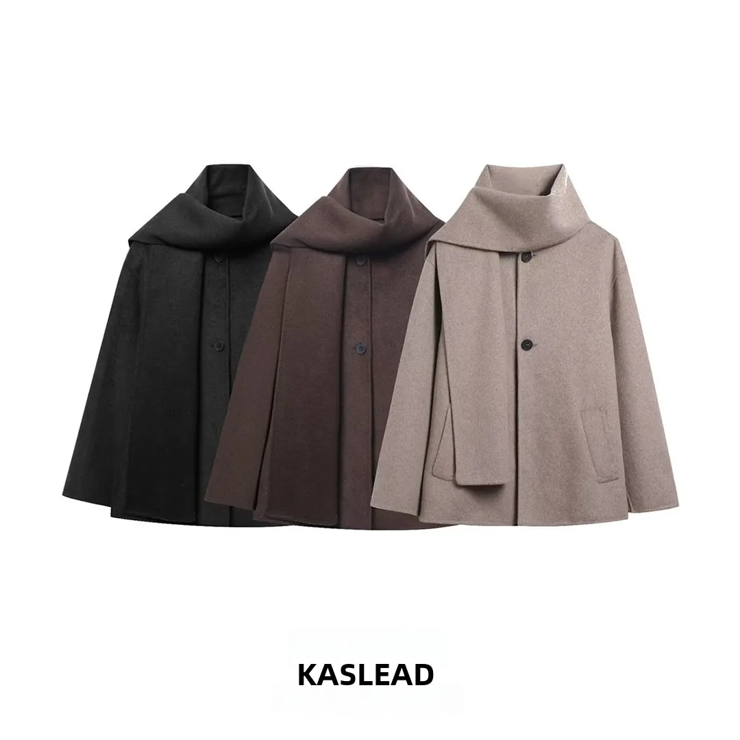 KASLEAD Faionable وشاح من الألياف المختلطة معطف ort ملابس نسائية بياقة عالية وأزرار حتى طويلة من البوليستر للخريف والشتاء #1