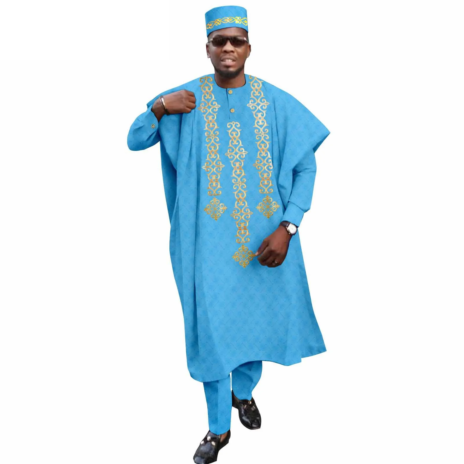 African Clothes for Men Tradition Wedding Party Clothing Bazin Robe Embroidery Ankara Pants Hats 4 Pcs Set Dashiki Nigeria