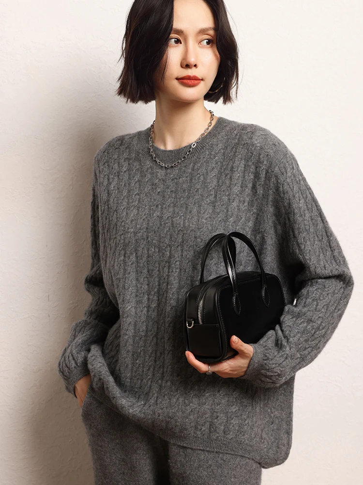 Mulheres chiques 100% camisola de caxemira o-pescoço pulôver cabo malha frente curta longa volta estilo vintage solto malhas outono inverno topo