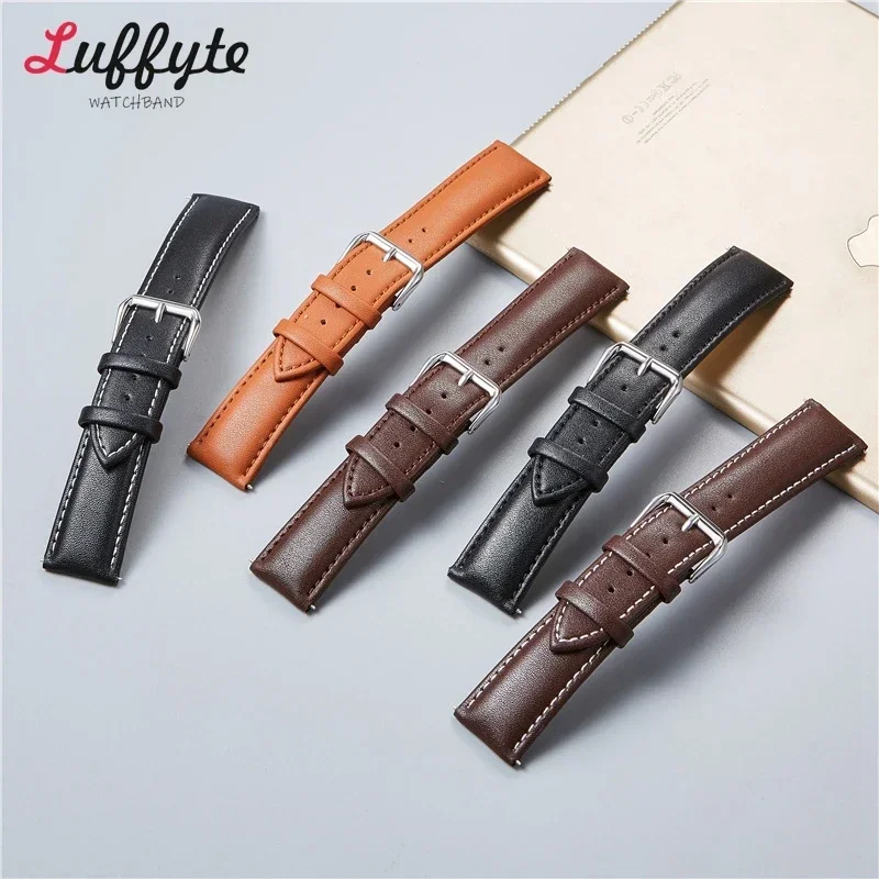 Calfskin Leather Watchband Soft Watch Band Wrist Strap 18mm 20mm 22mm 24mm with Silver Stainless Steel Buckle