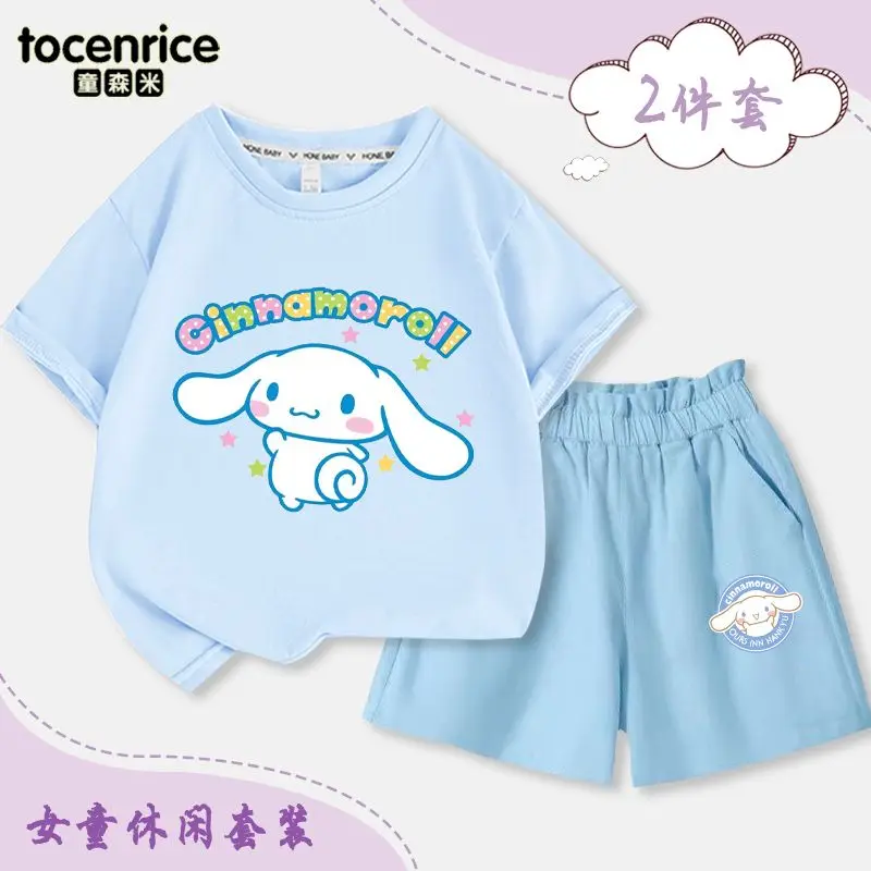 T-Shirt en coton imprimé dessin animé Sanrios pour enfants, Cinnamoroll imbibé, pantalon court en Y, vêtements d'été décontractés, cadeau pour garçons et filles, 2 pièces