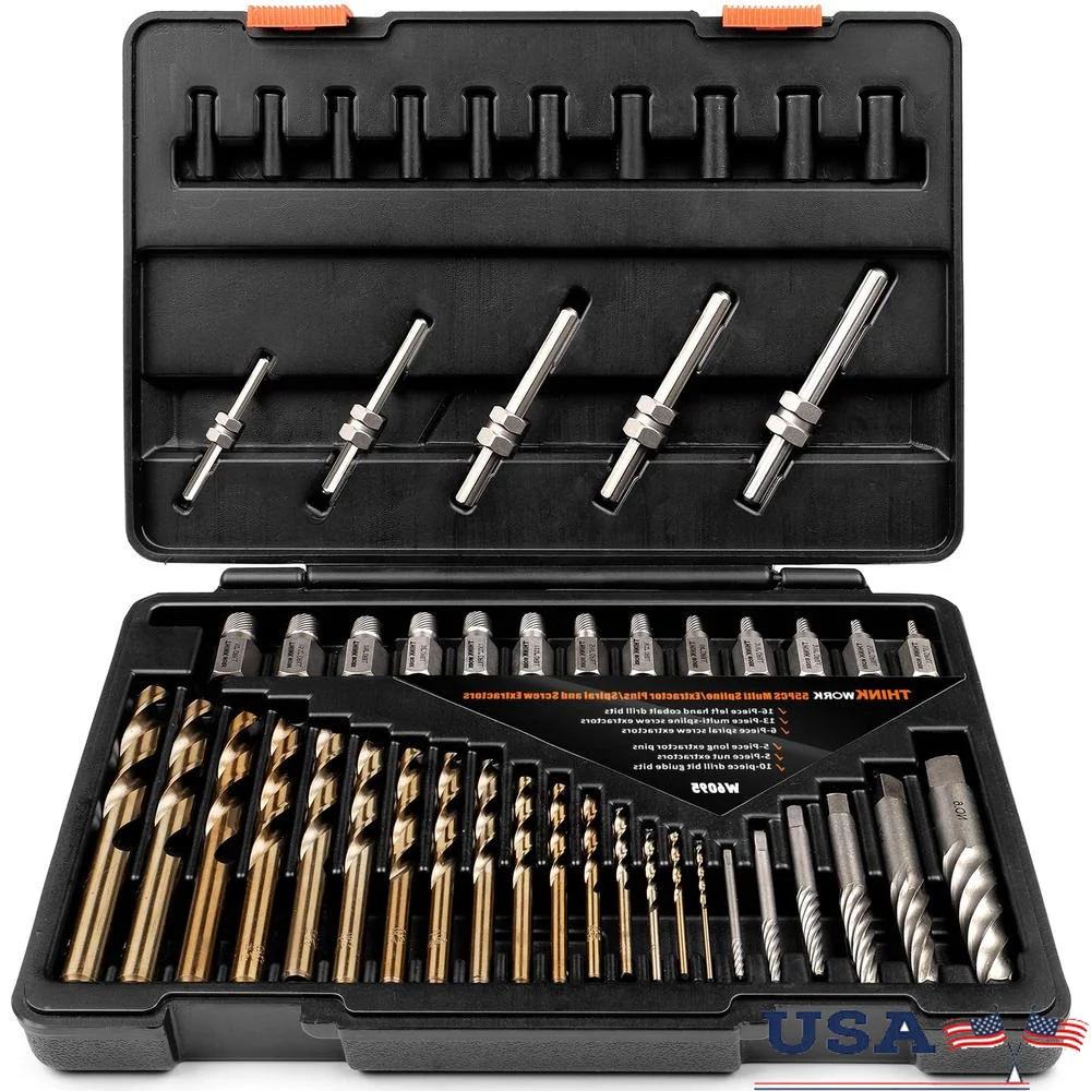 55-Piece Screw Extractor Set Broken Bolt Remover Kit Easy Out Stripped Screws Studs Fittings & Lugs High Hardness Steel Chrome