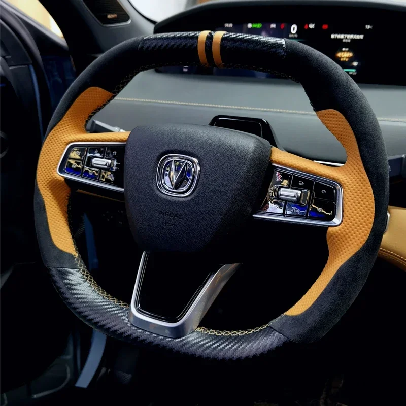 For Changan UNI-K Customized leather hand sewn steering wheel cover with carbon fiber handle cover