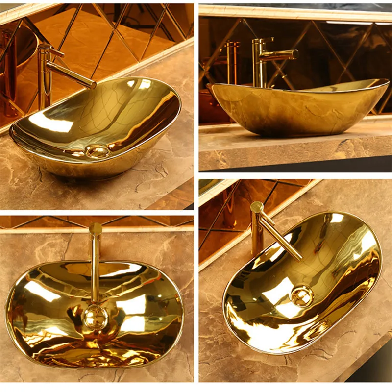 European Style Ingot Countertop Washbasin Electroplated With Gold And Silver, Household Bathroom Washbasin, Hotel Ceramic Basin