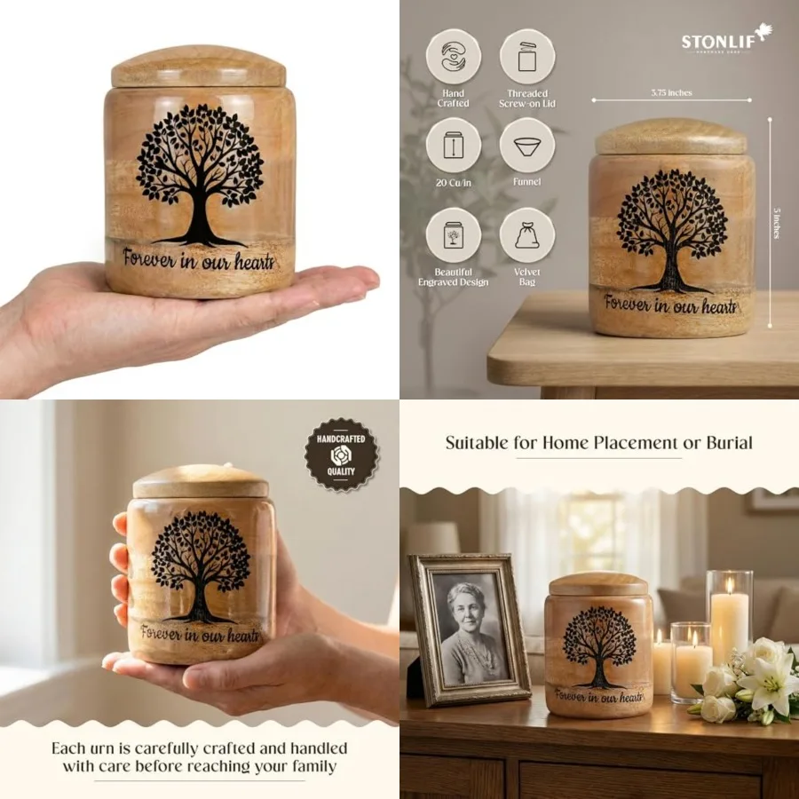 

Wooden Cremation Urn for Ashes bic ch Tree of Life Engraved Keepsake Urn, Natural Wood, Memorial for Pet or Small Remains