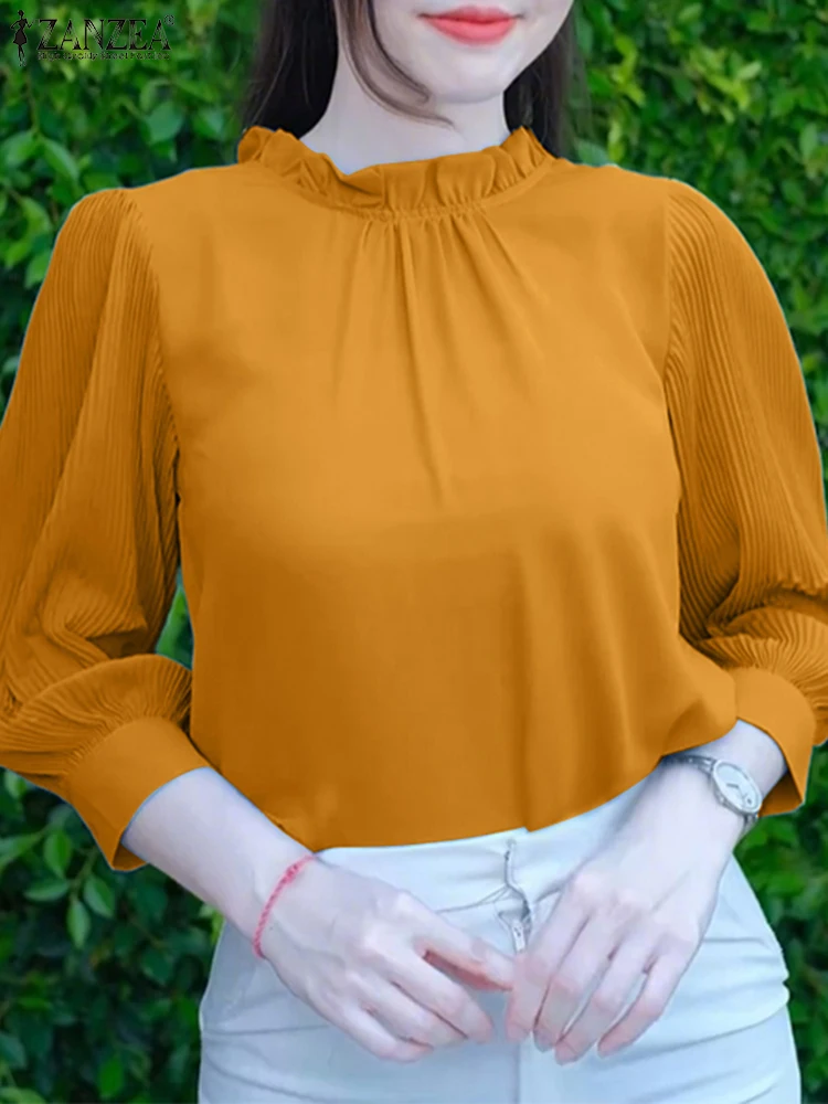 2025Herfst ZANZEA Elegante Blouses Vrouwen 3/4 Bladerdeeg Mouw Geplooide Mode Tops Casual Stijlvolle Shirts Verstoorde Effen Kleur Blusas