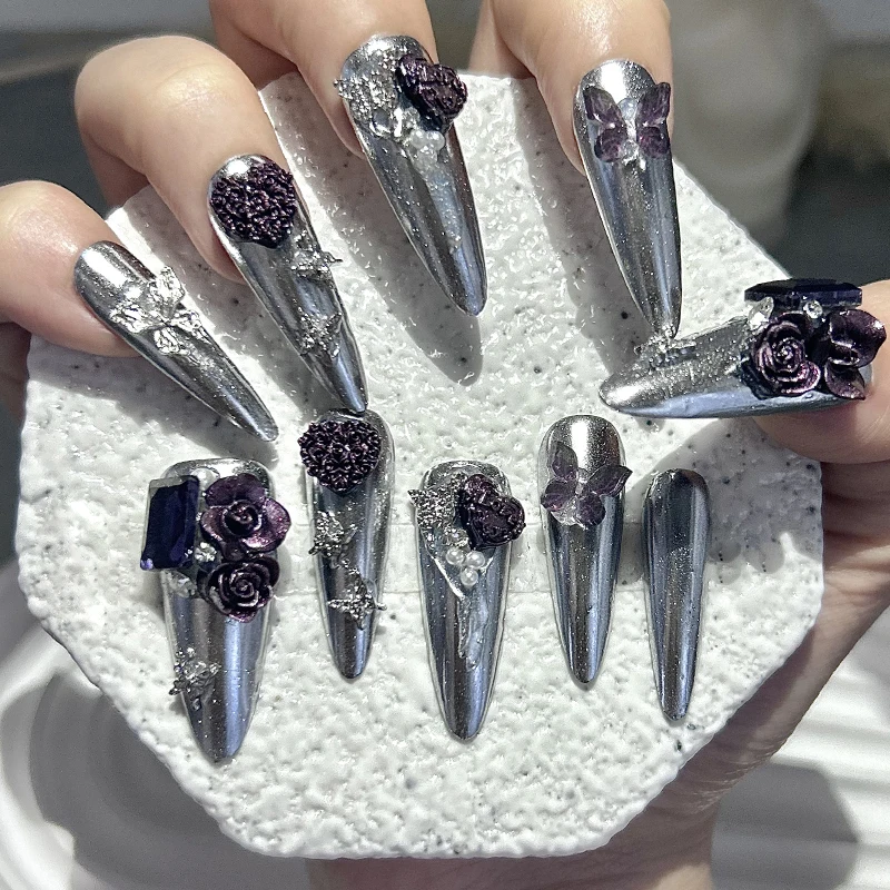 

Press On Nails Handmake Mirror Shiny Black and Red Rose Butterflies Confident Temperament Fake Nails Removable and Reusable