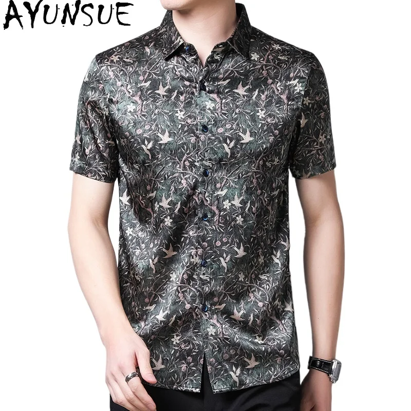

AYUNSUE Fashion 92.4% Natural Mulberry Silk Shirt Men Clothing Summer 2026 Short Sleeve Printed Tops Casual Business Shirts Man