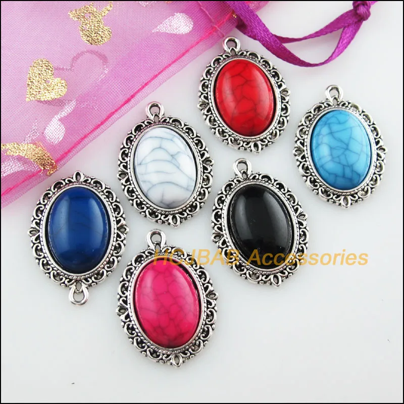 Fashion 12Pcs Tibetan Silver Plated Oval Mixed Stone Charms Pendant 21x28mm