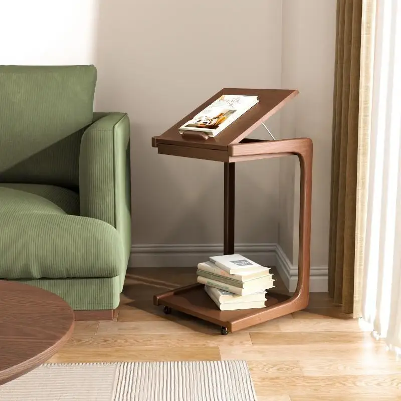 Solid wood sofa edge table, corner table, bedside table, living room small tea table with wheels, tea table edge cabinet