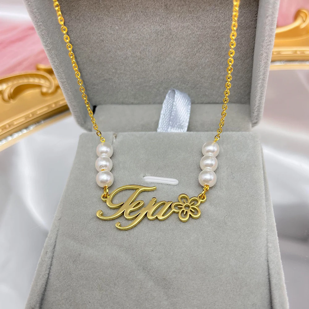 Stainless steel custom pearl necklace custom nameplate Flower Necklace female